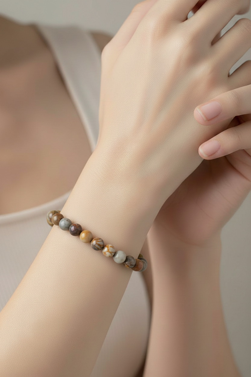 Earth Tone Agate Beaded Bracelet- Round Natural Stone Stretch Bracelet