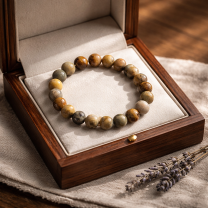 Earth Tone Agate Beaded Bracelet- Round Natural Stone Stretch Bracelet