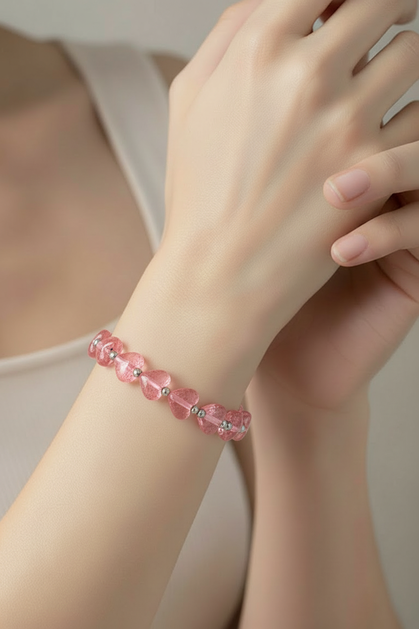 Pink Heart Lace Print Acrylic Beaded Bracelet