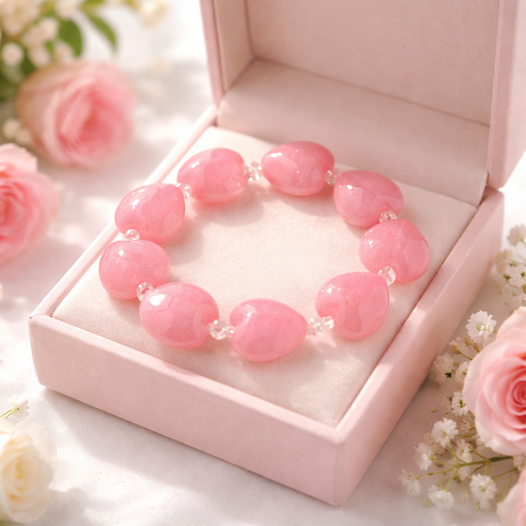 Pink Heart Lace Print Acrylic Beaded Bracelet