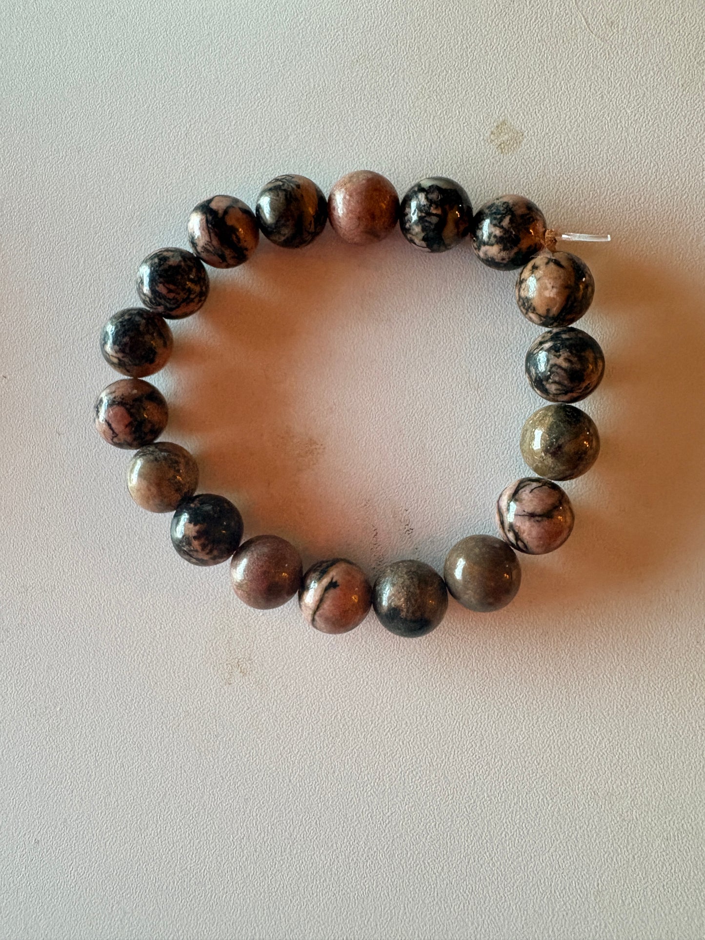 Rhodonite Round Beaded Bracelet – Pink, Brown &amp; Black Marble Stone