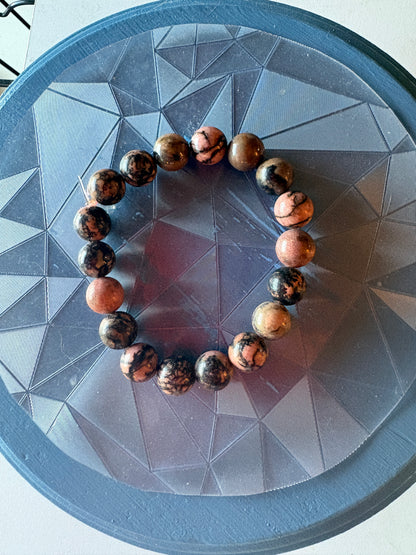 Rhodonite Round Beaded Bracelet – Pink, Brown &amp; Black Marble Stone