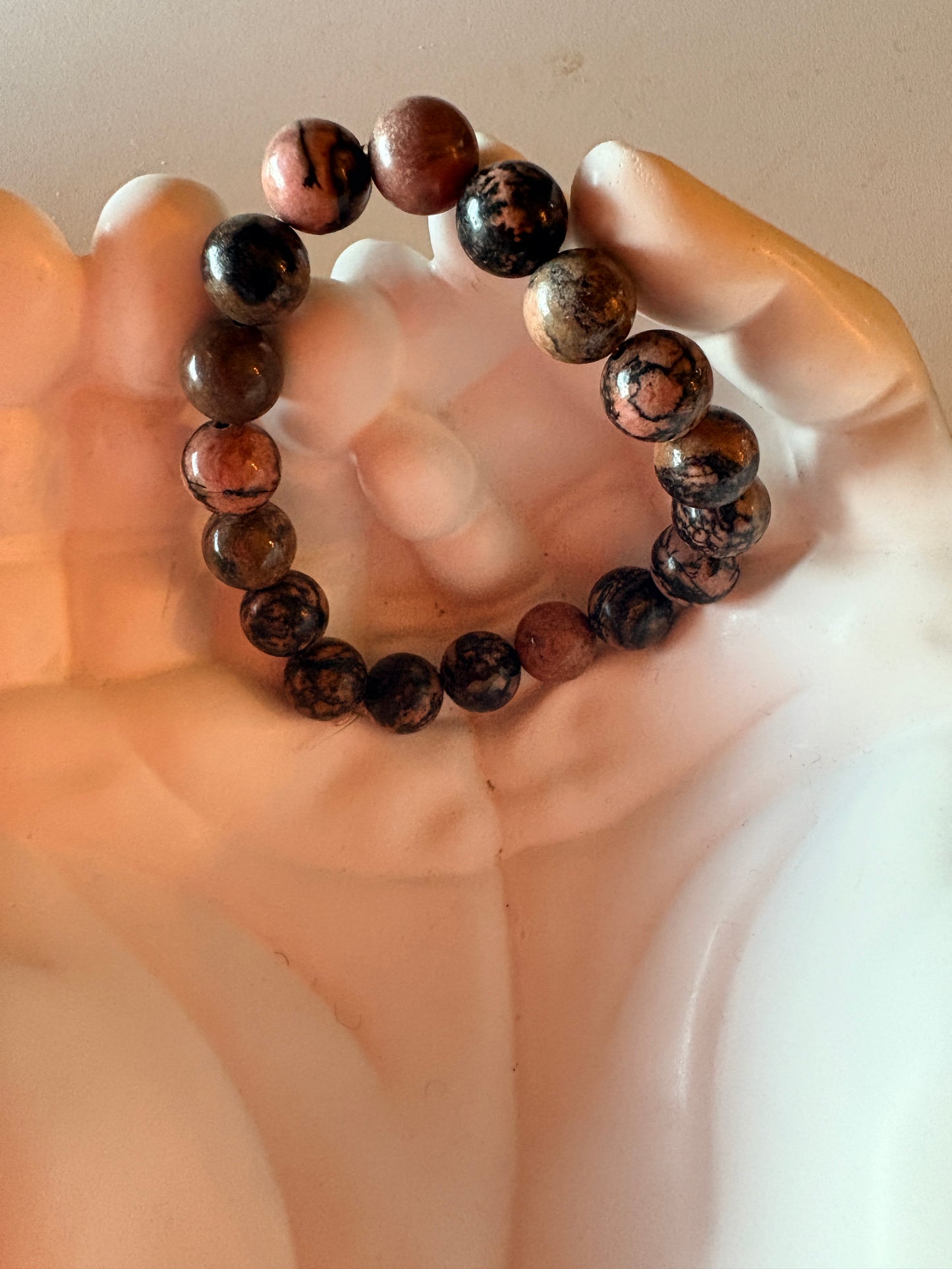 Rhodonite Round Beaded Bracelet – Pink, Brown &amp; Black Marble Stone
