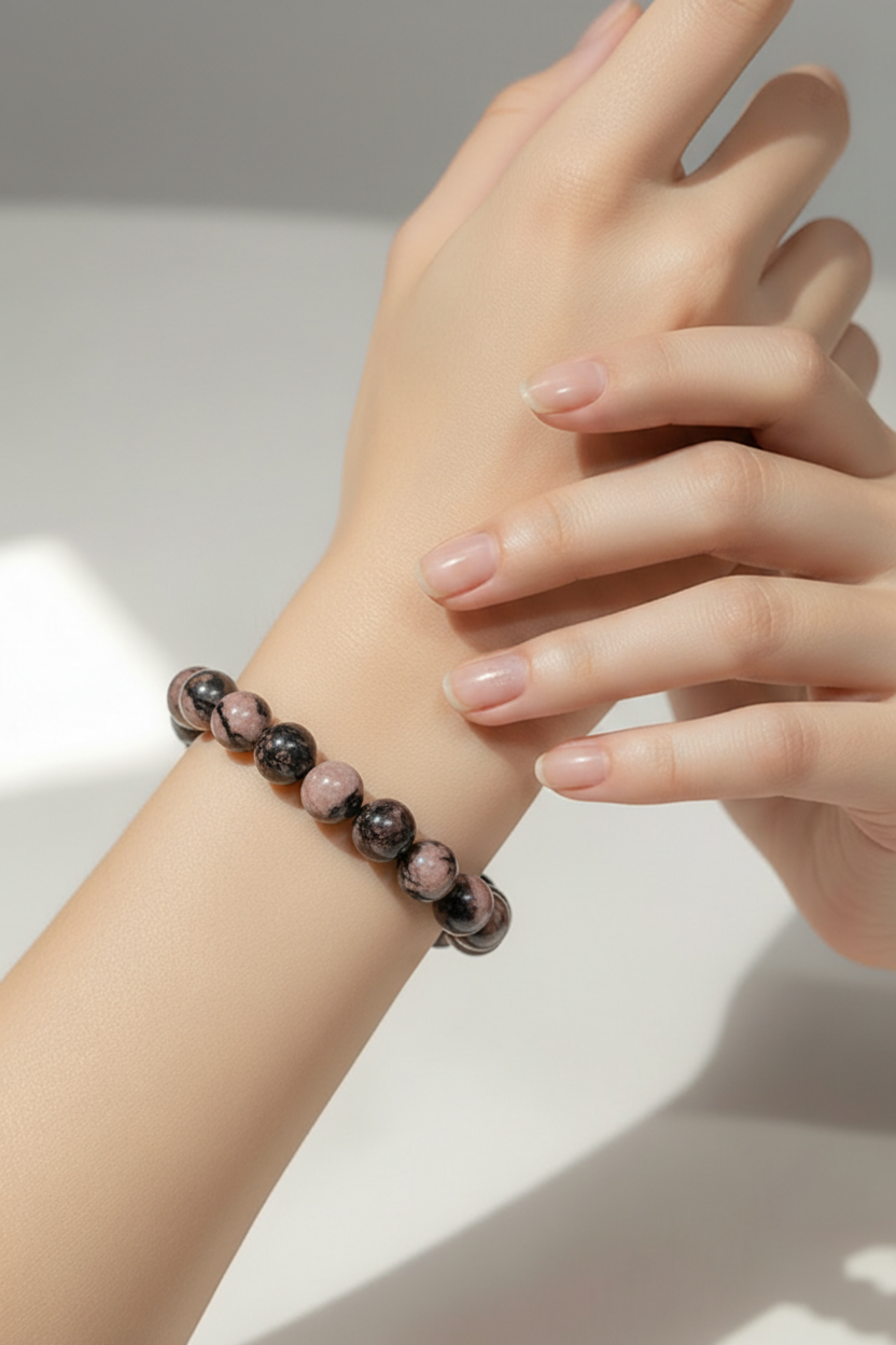 Rhodonite Round Beaded Bracelet – Pink, Brown &amp; Black Marble Stone