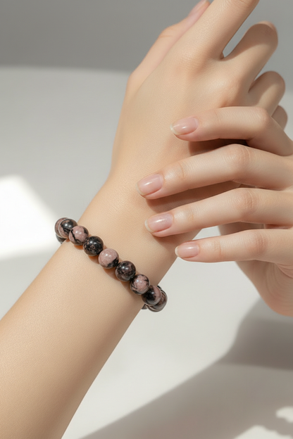 Rhodonite Round Beaded Bracelet – Pink, Brown &amp; Black Marble Stone
