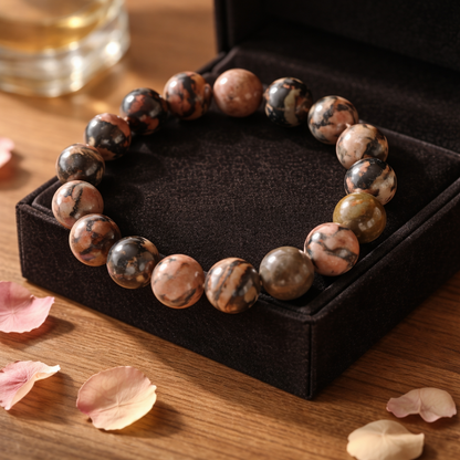 Rhodonite Round Beaded Bracelet – Pink, Brown &amp; Black Marble Stone