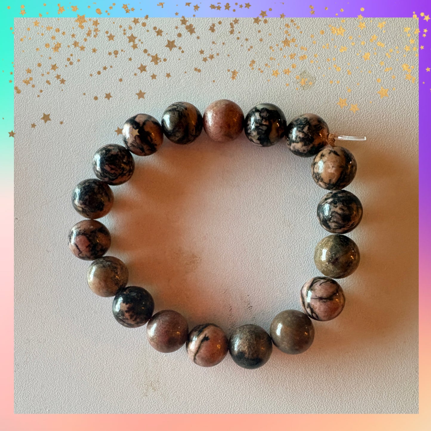 Rhodonite Round Beaded Bracelet – Pink, Brown &amp; Black Marble Stone