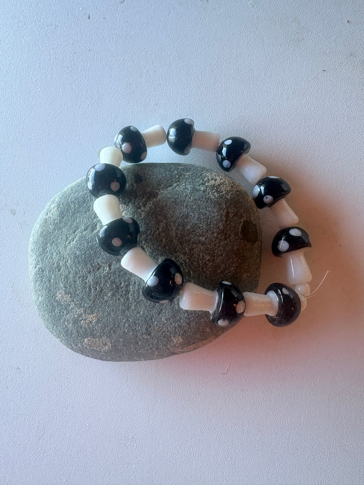 Black White Glass Mushroom Beaded Bracelet – Whimsical