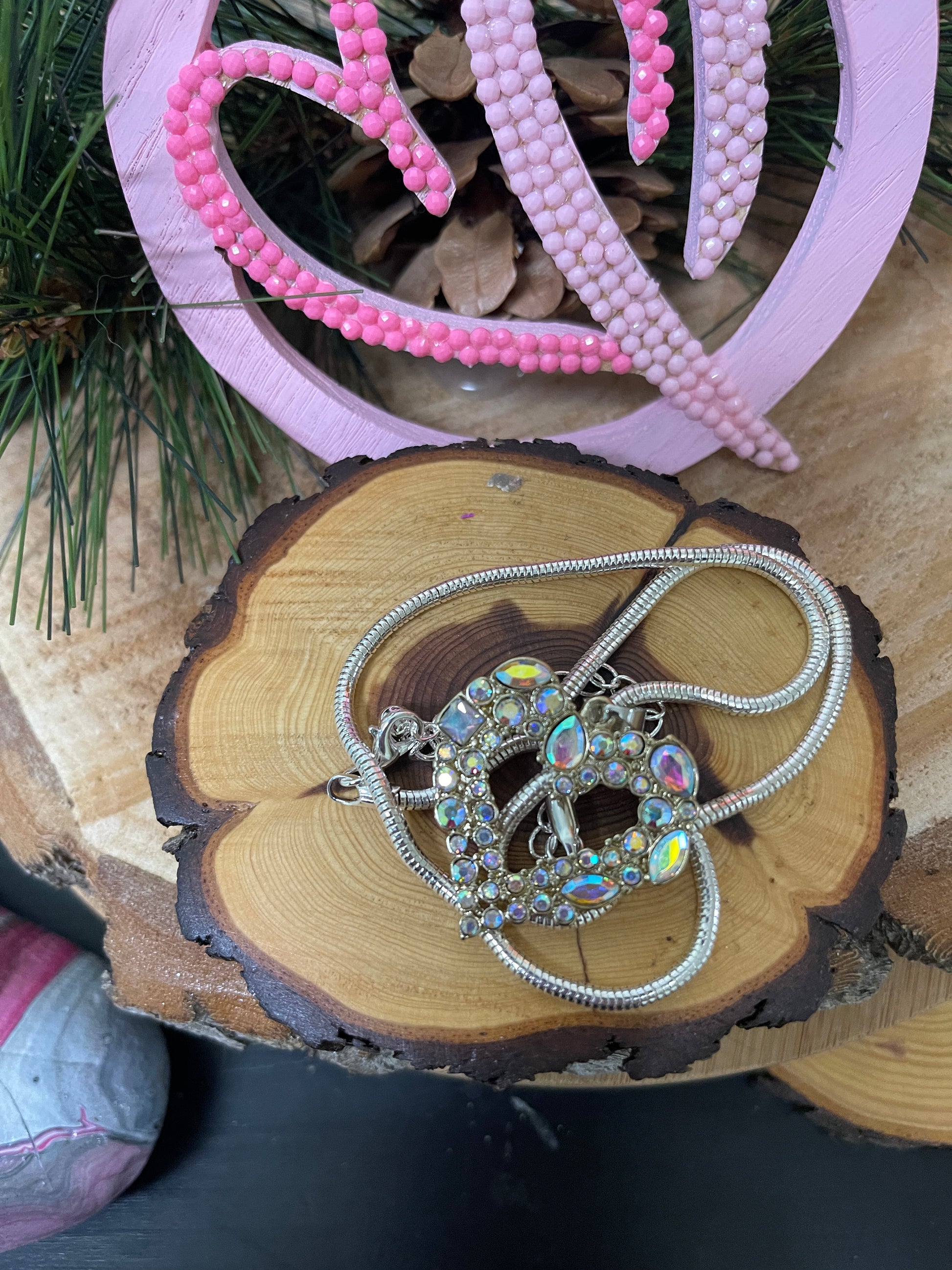 Iridescent Rhinestone Heart Pendant on a Silver chain NecklacePink tiful of LOVE