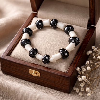 Black White Glass Mushroom Beaded Bracelet – Whimsical