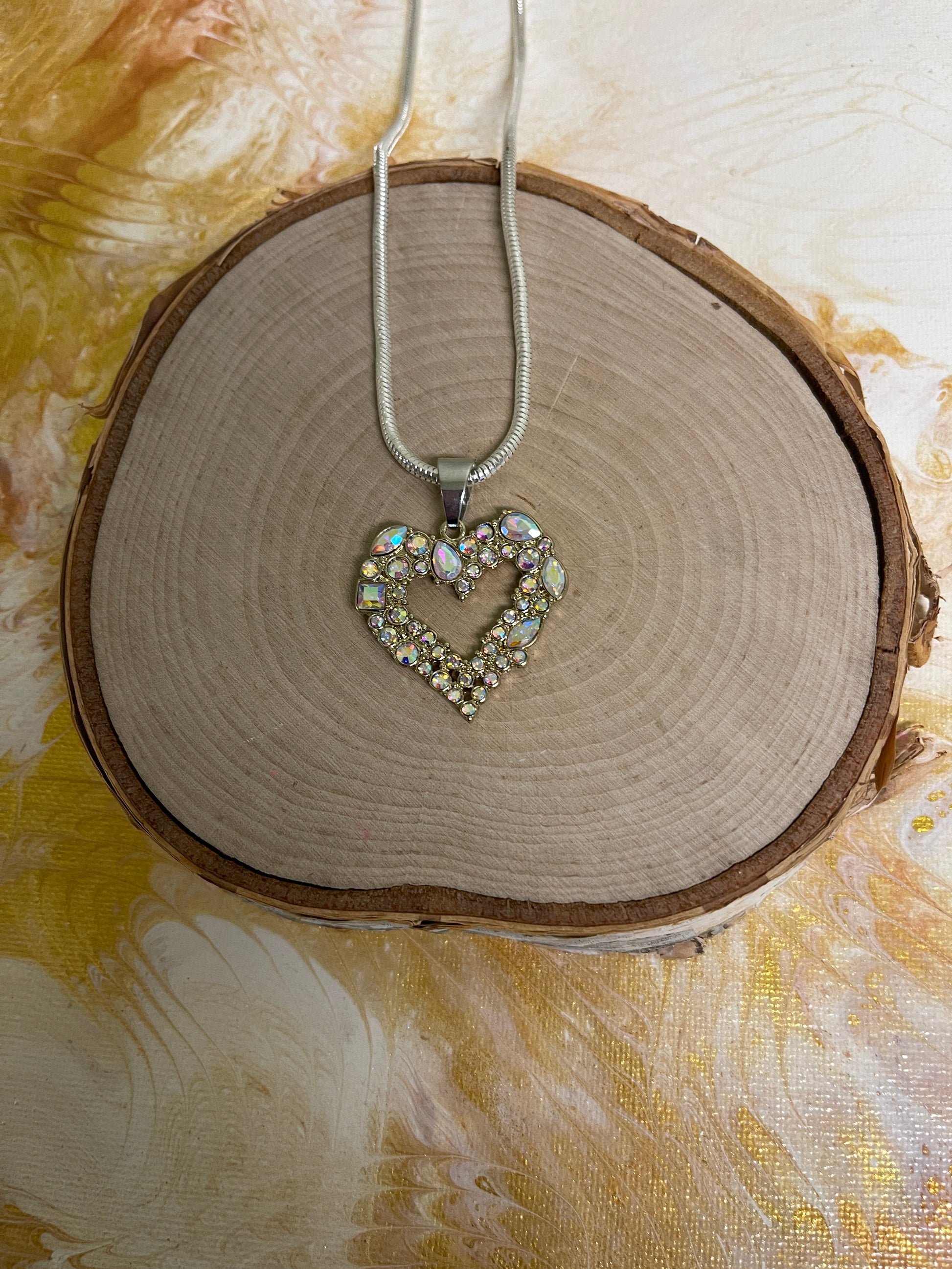Iridescent Rhinestone Heart Pendant on a Silver chain NecklacePink tiful of LOVE