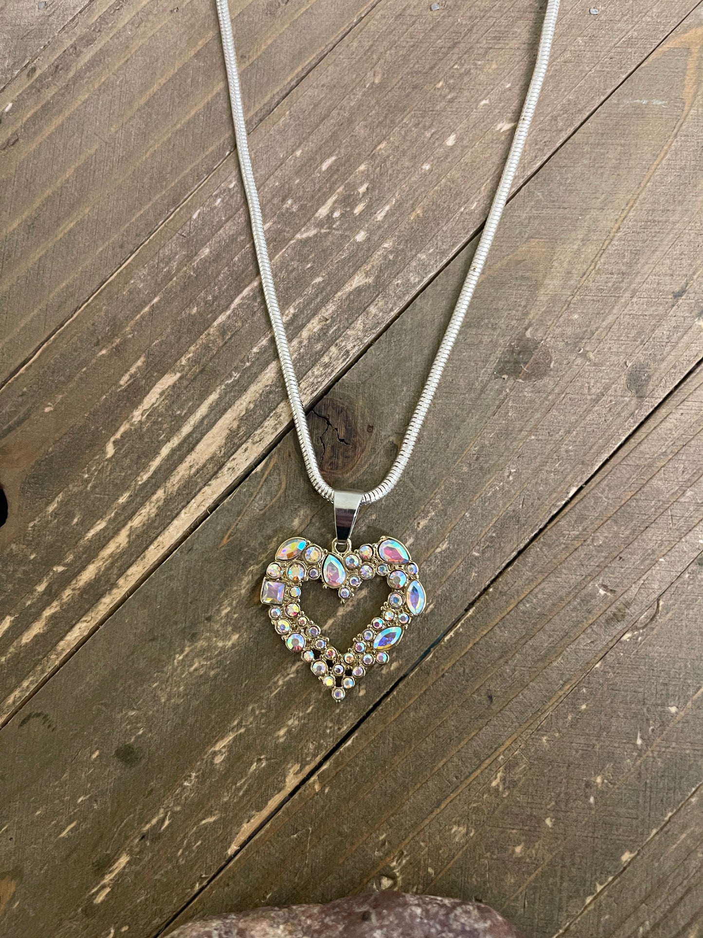 Iridescent Rhinestone Heart Pendant on a Silver chain Necklace