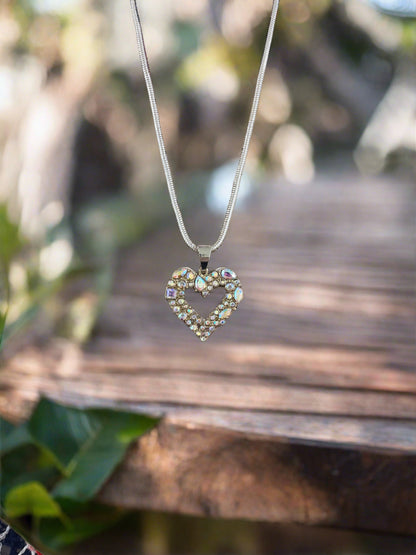 Iridescent Rhinestone Heart Pendant on a Silver chain Necklace