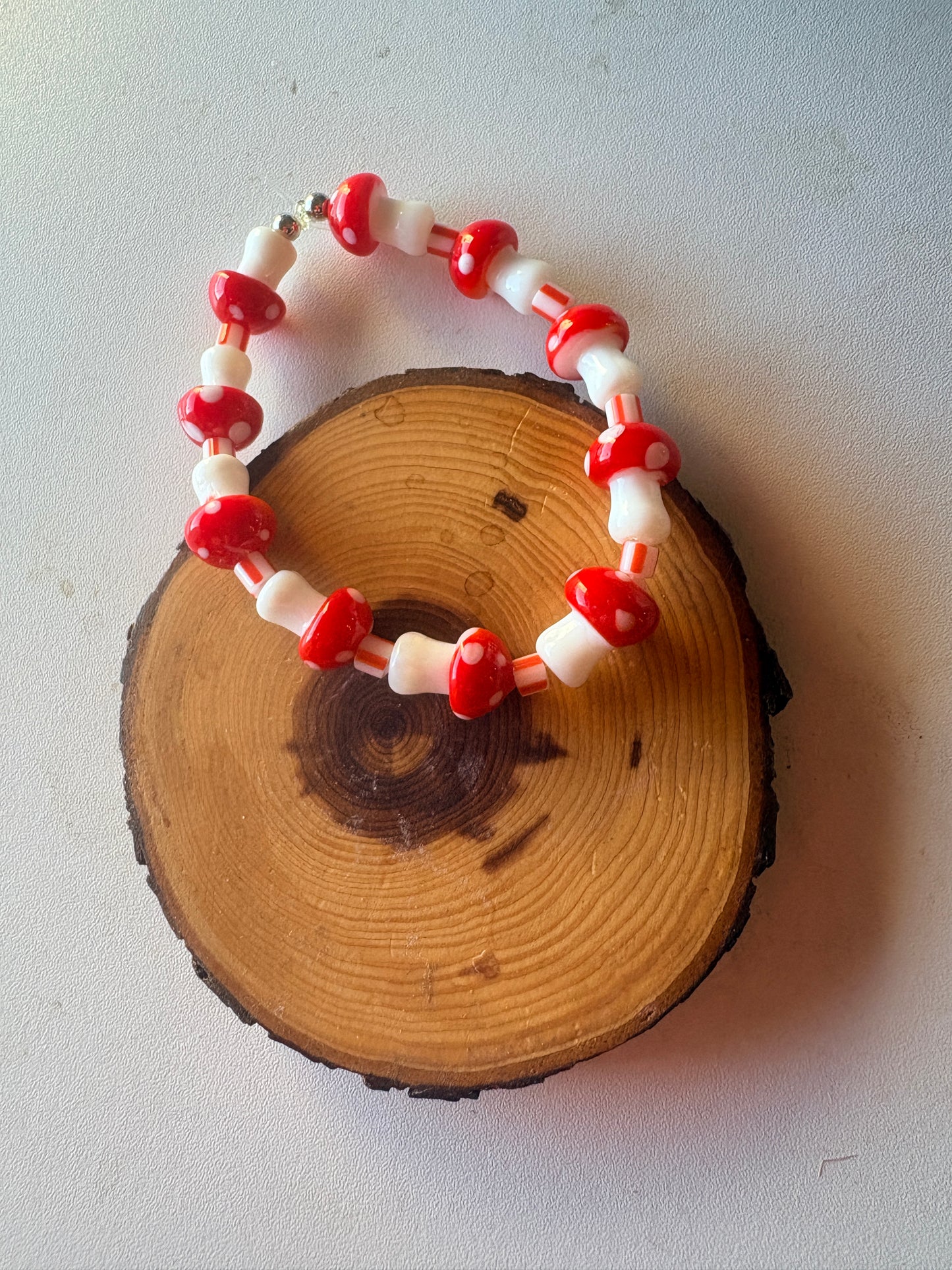 Red Mushroom Lampwork Glass Beaded Bracelet