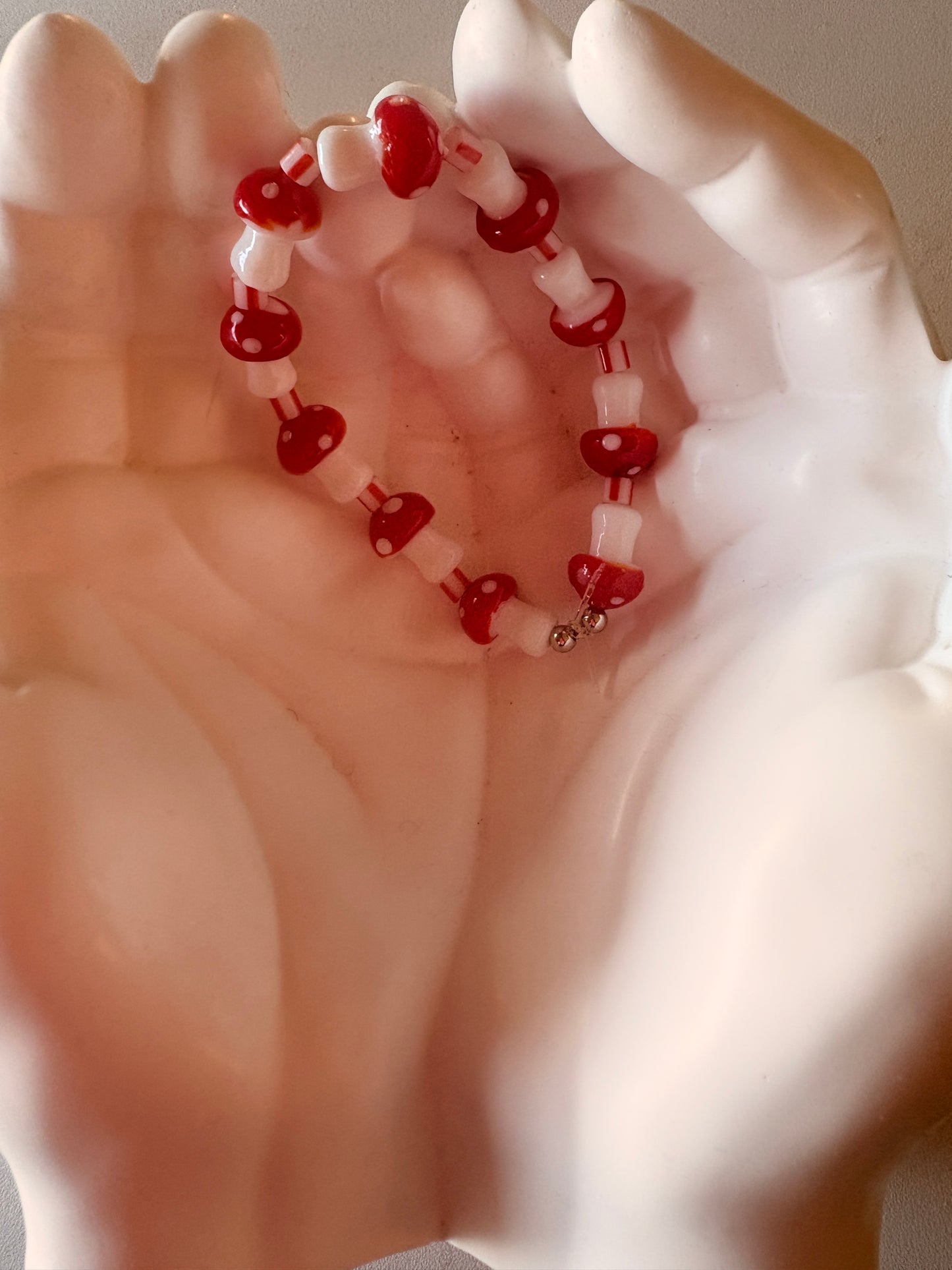 Red Mushroom Lampwork Glass Beaded Bracelet