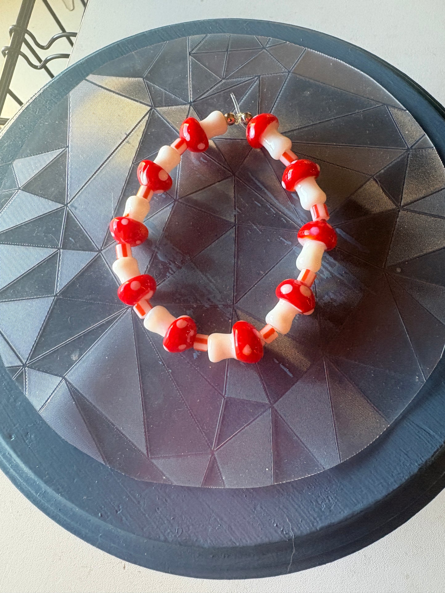 Red Mushroom Lampwork Glass Beaded Bracelet