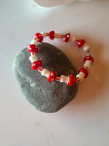 Red Mushroom Lampwork Glass Beaded Bracelet