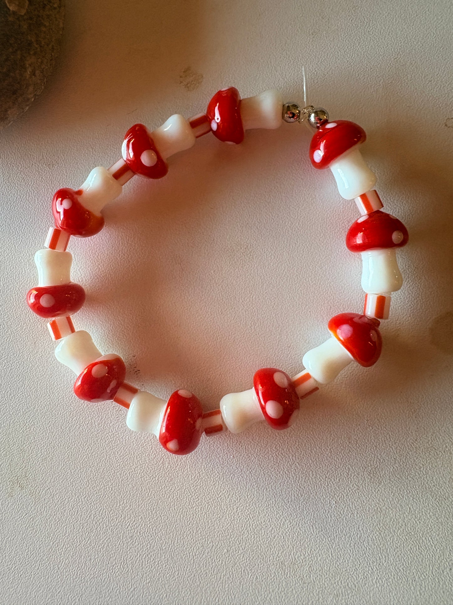 Red Mushroom Lampwork Glass Beaded Bracelet