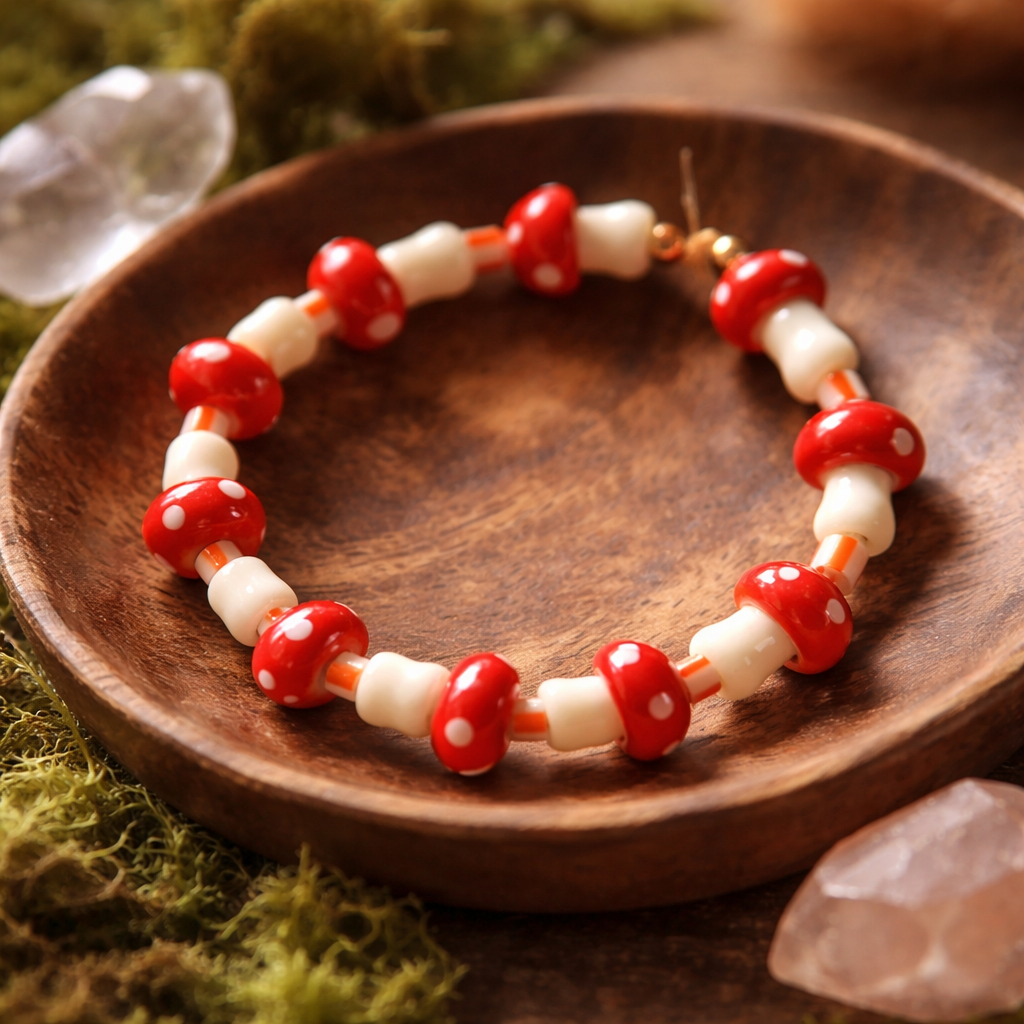 Red Mushroom Lampwork Glass Beaded Bracelet