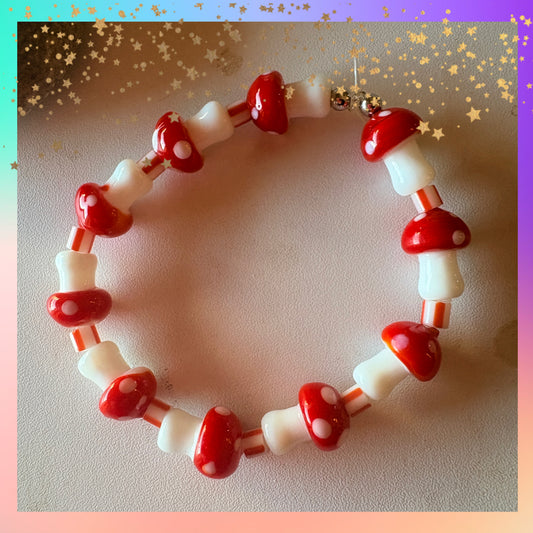 Red Mushroom Lampwork Glass Beaded Bracelet