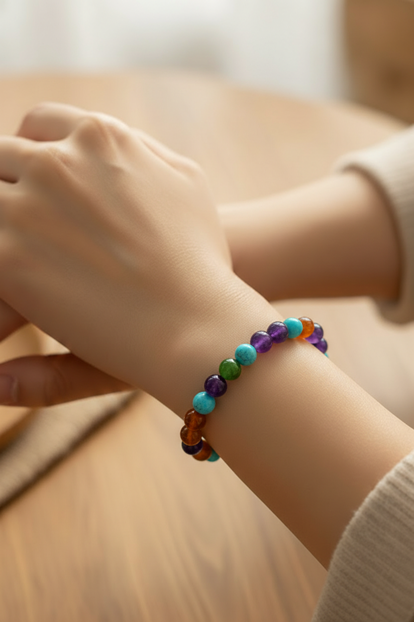 Rainbow Mixed Stone Round Beaded Bracelet