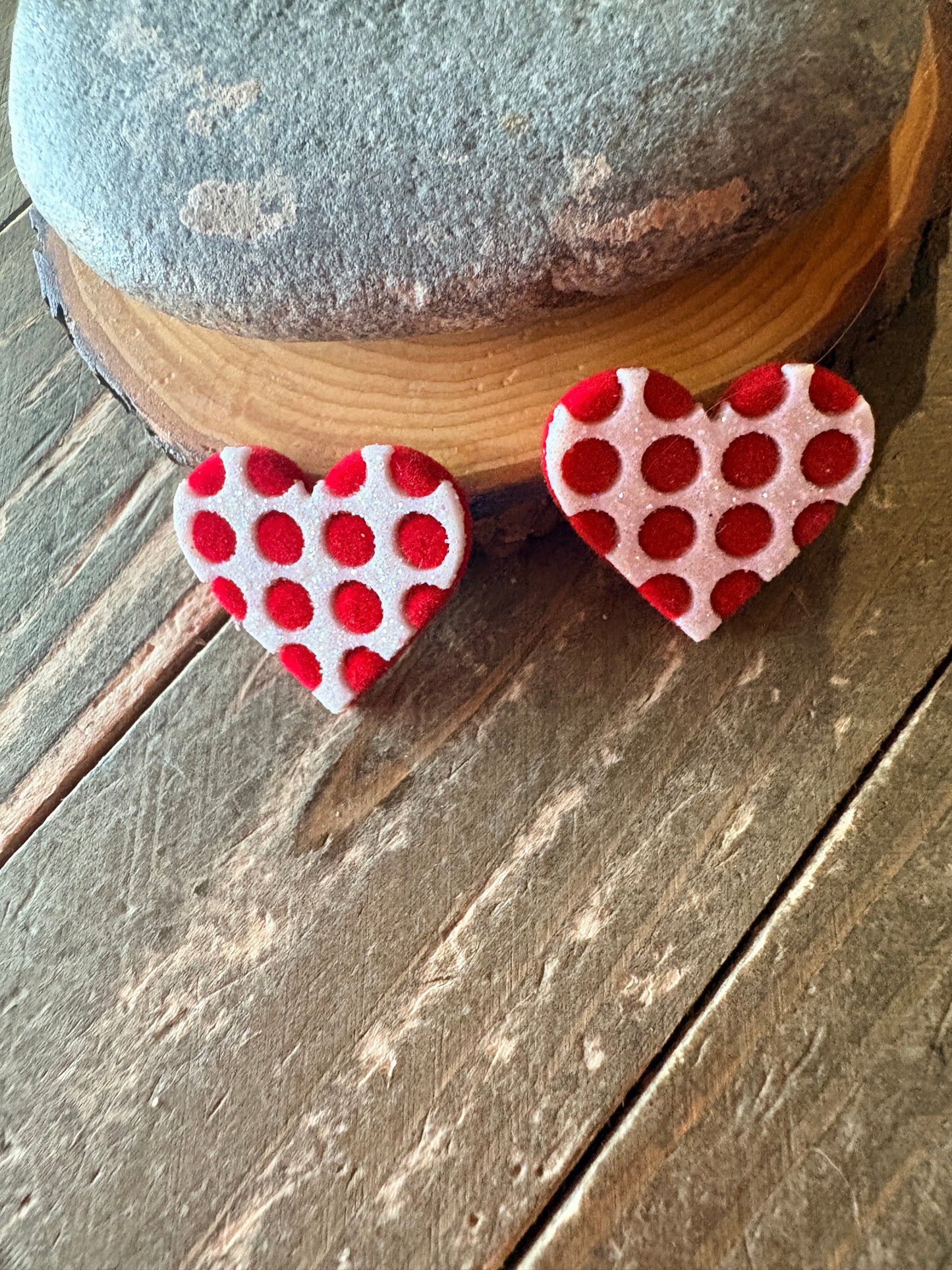 Red Polka Dot Heart Stud Earrings – Glitter Heart Design