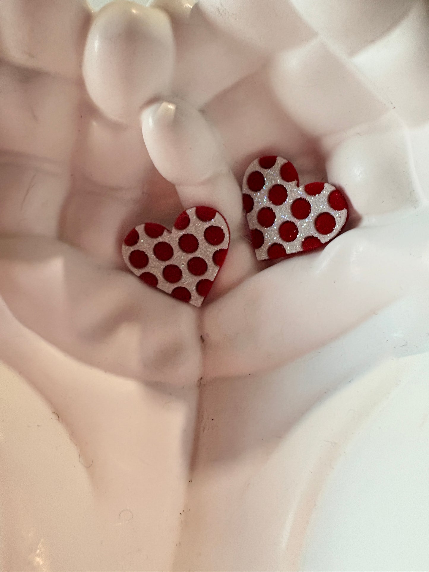 Red Polka Dot Heart Stud Earrings – Glitter Heart Design