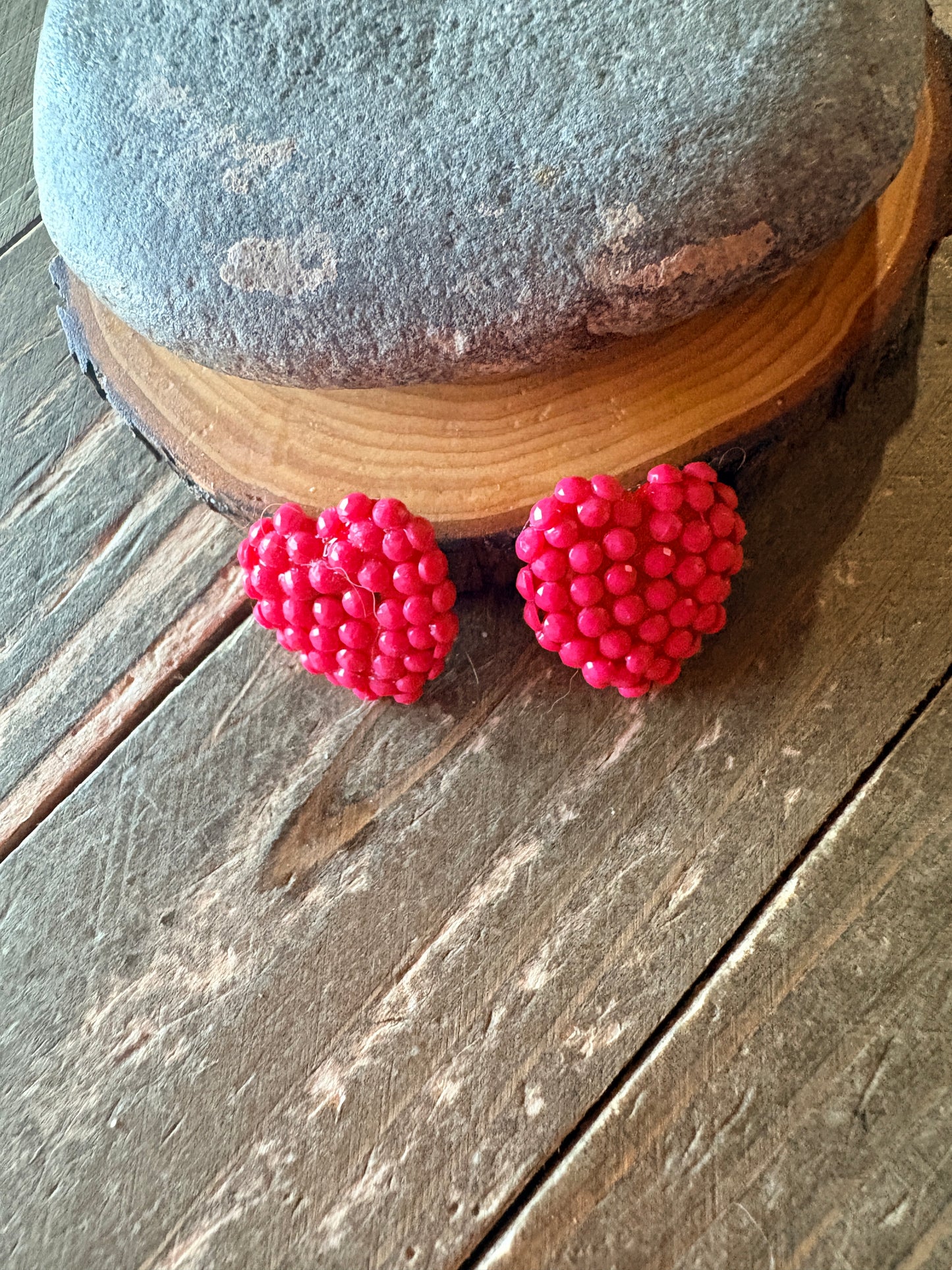 Red gemstone Heart Stud Earrings – Textured Heart Design with Silver-Plated Posts