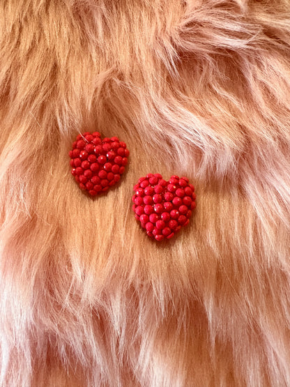 Red gemstone Heart Stud Earrings – Textured Heart Design with Silver-Plated Posts