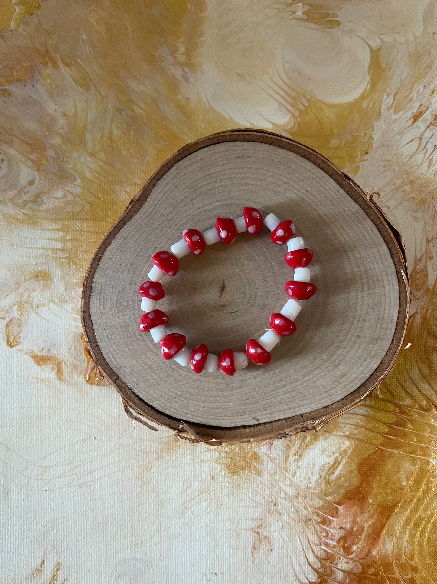 Lampworked Red Mushroom Glass Beaded Elastic/Stretch Bracelet