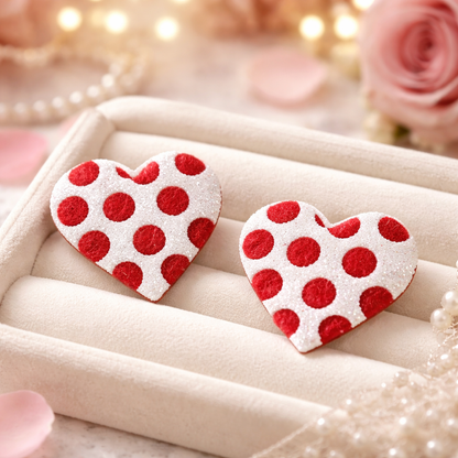 Red Polka Dot Heart Stud Earrings – Glitter Heart Design