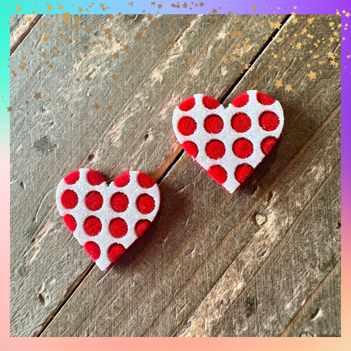 Red Polka Dot Heart Stud Earrings – Glitter Heart Design