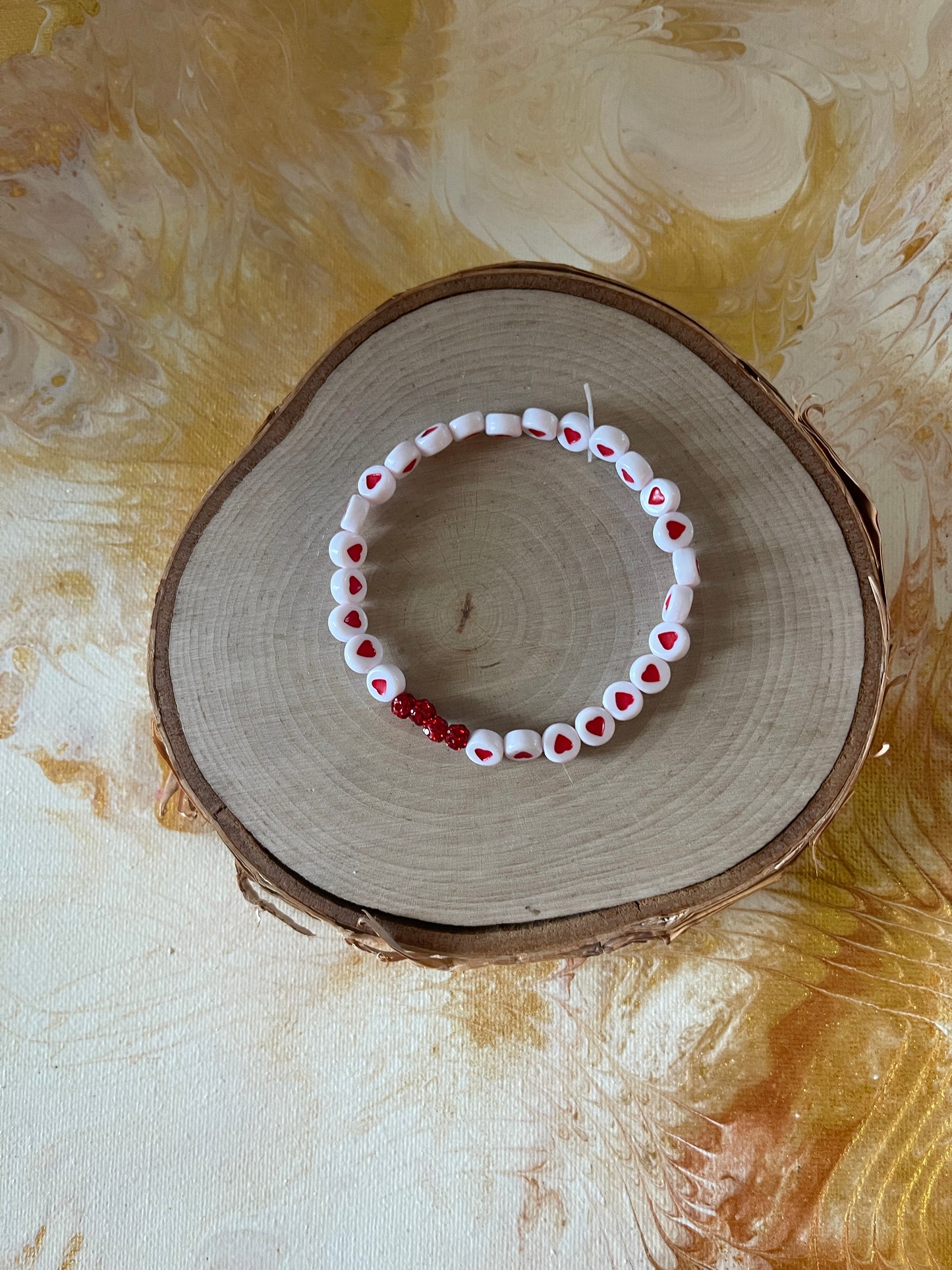 Red and White Ceramic Heart Bead Elastic/Stretch Bracelet-10