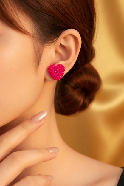 Red gemstone Heart Stud Earrings – Textured Heart Design with Silver-Plated Posts