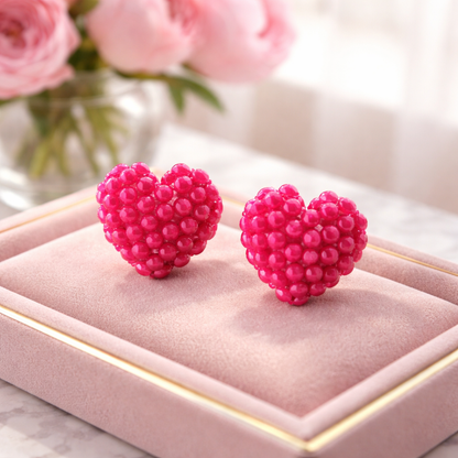 Red gemstone Heart Stud Earrings – Textured Heart Design with Silver-Plated Posts