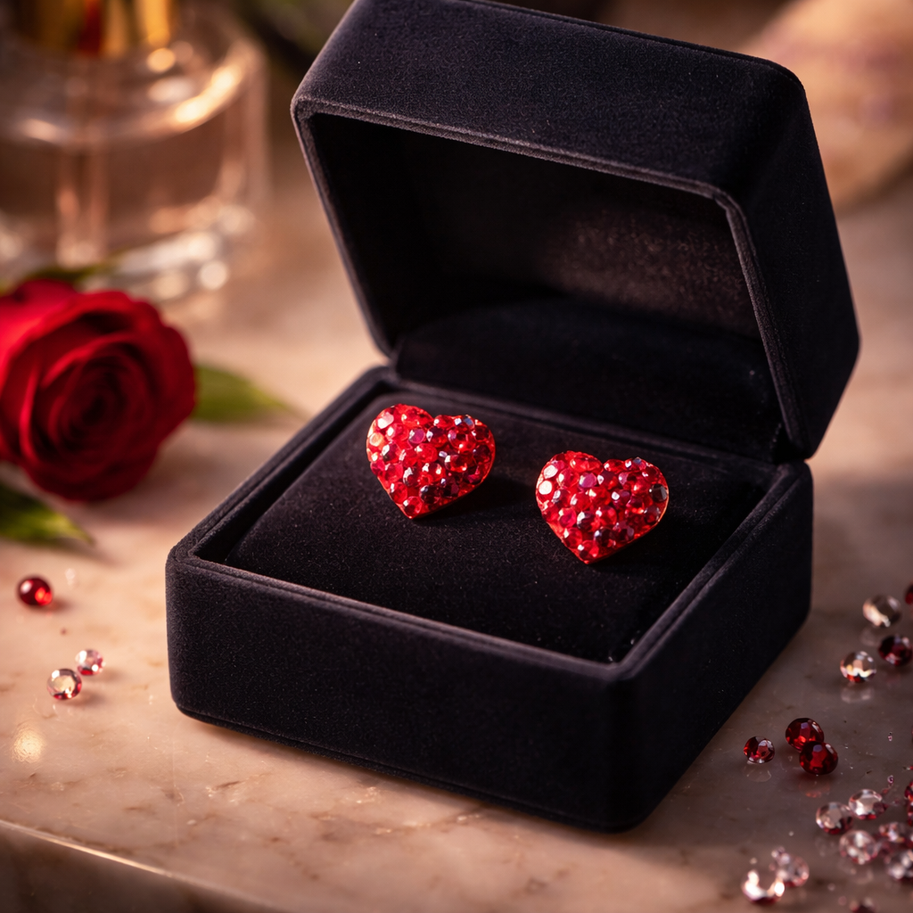 Red Sparkly Gemstone Heart Stud Earrings