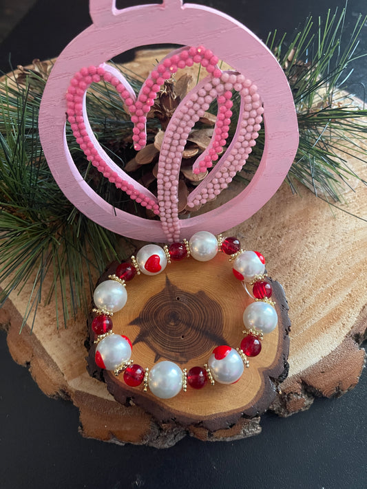 Red Heart Pearl Beaded Stretch bracelet-Valentine JewelryPink tiful of LOVE