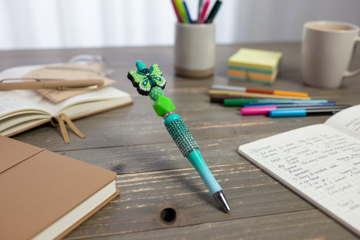 Green Butterfly Beadable Pen – Rhinestone &amp; Acrylic Statement Pen