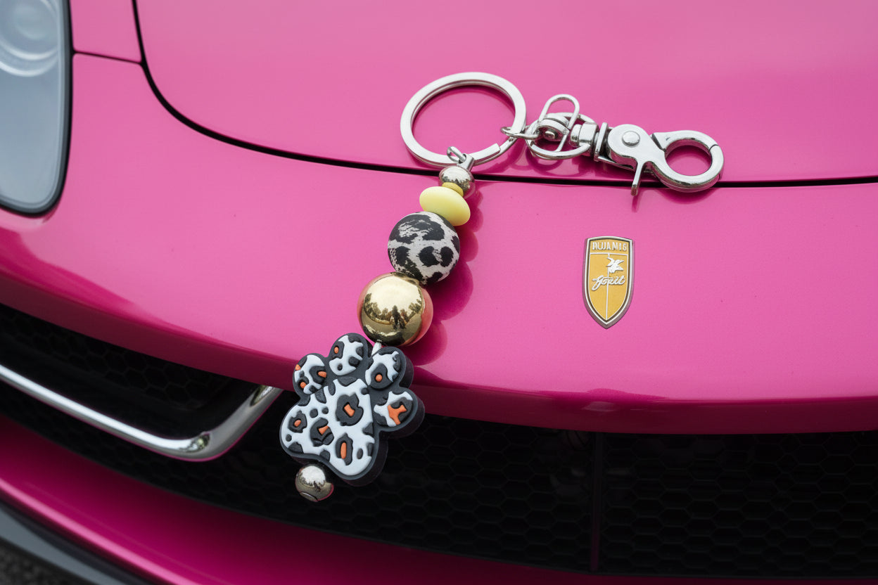 Leopard Paw Beadable Keychain – Neutral Animal Print Paw Charm with Silver Hardware