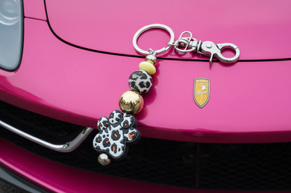 Leopard Paw Beadable Keychain – Neutral Animal Print Paw Charm with Silver Hardware