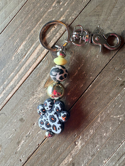 Leopard Paw Beadable Keychain – Neutral Animal Print Paw Charm with Silver Hardware