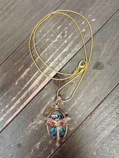 Iridescent Dragonfly Oval Pendant Necklace – Rhinestone Gold Chain Jewelry