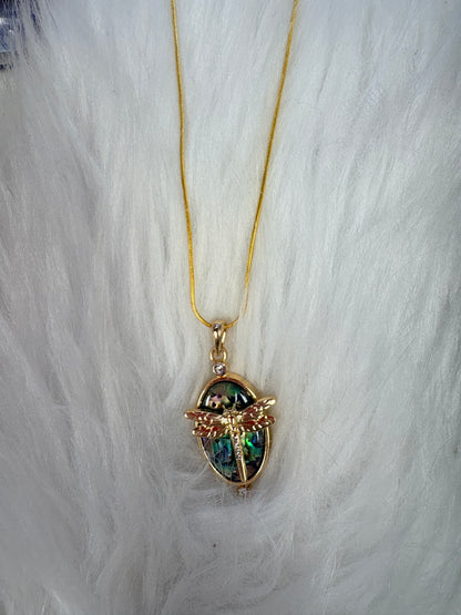 Iridescent Dragonfly Oval Pendant Necklace – Rhinestone Gold Chain Jewelry