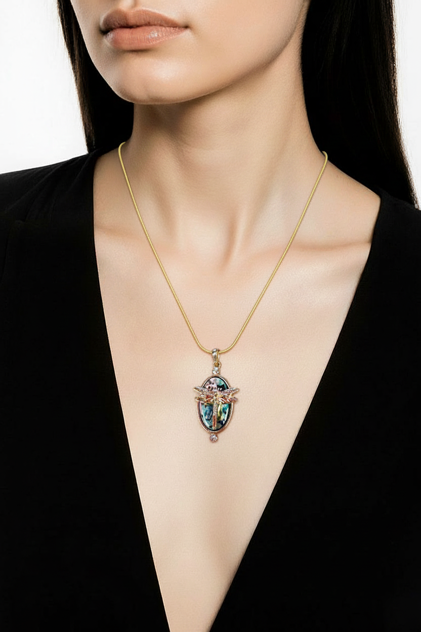 Iridescent Dragonfly Oval Pendant Necklace – Rhinestone Gold Chain Jewelry