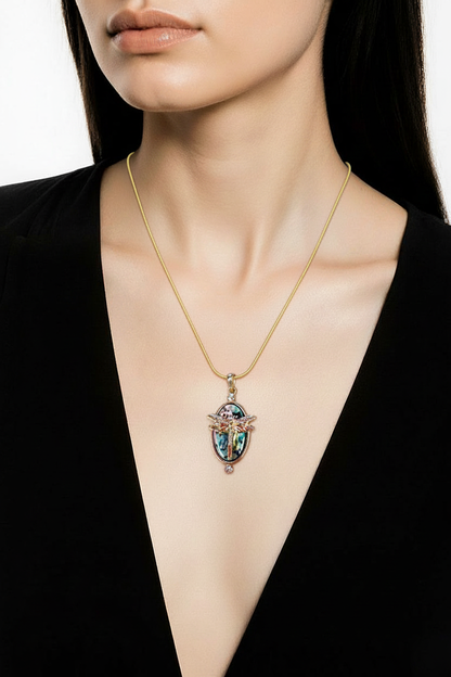 Iridescent Dragonfly Oval Pendant Necklace – Rhinestone Gold Chain Jewelry