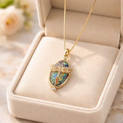 Iridescent Dragonfly Oval Pendant Necklace – Rhinestone Gold Chain Jewelry