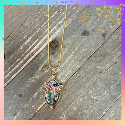 Iridescent Dragonfly Oval Pendant Necklace – Rhinestone Gold Chain Jewelry