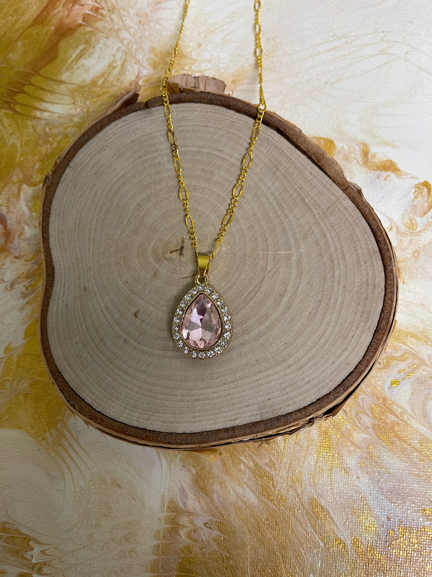 Pink and Diamond Rhinestone Pendant on a Gold chain Necklace