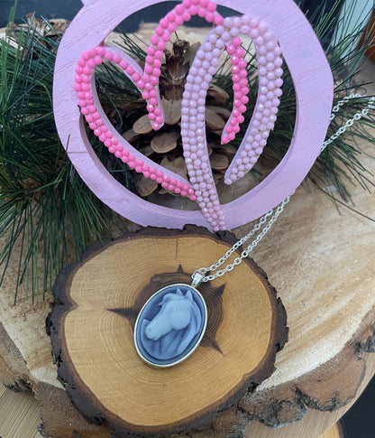 Horse Cameo Pendant on a Silver chain Necklace