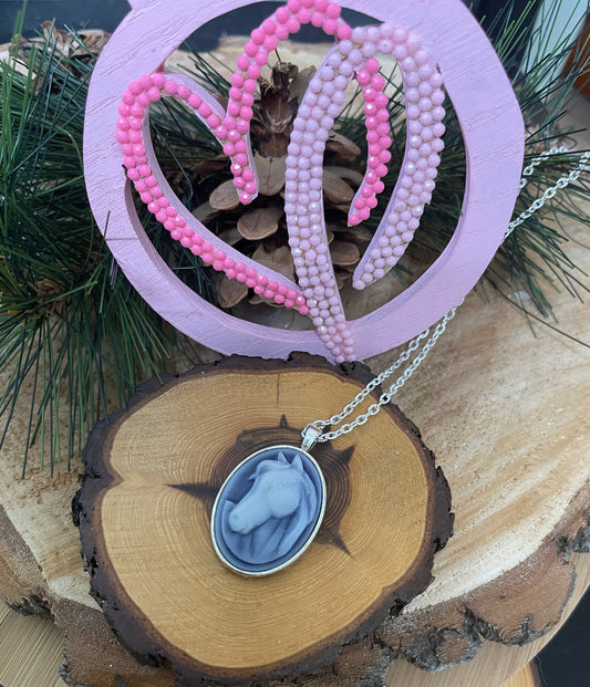 blue and White Horse Cameo Pendant on a Silver chain NecklacePink tiful of LOVE